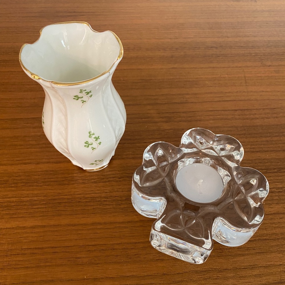CASHS Crystal Shamrock Votive Holder & Royal Tara Shamrock Vase Made in Ireland